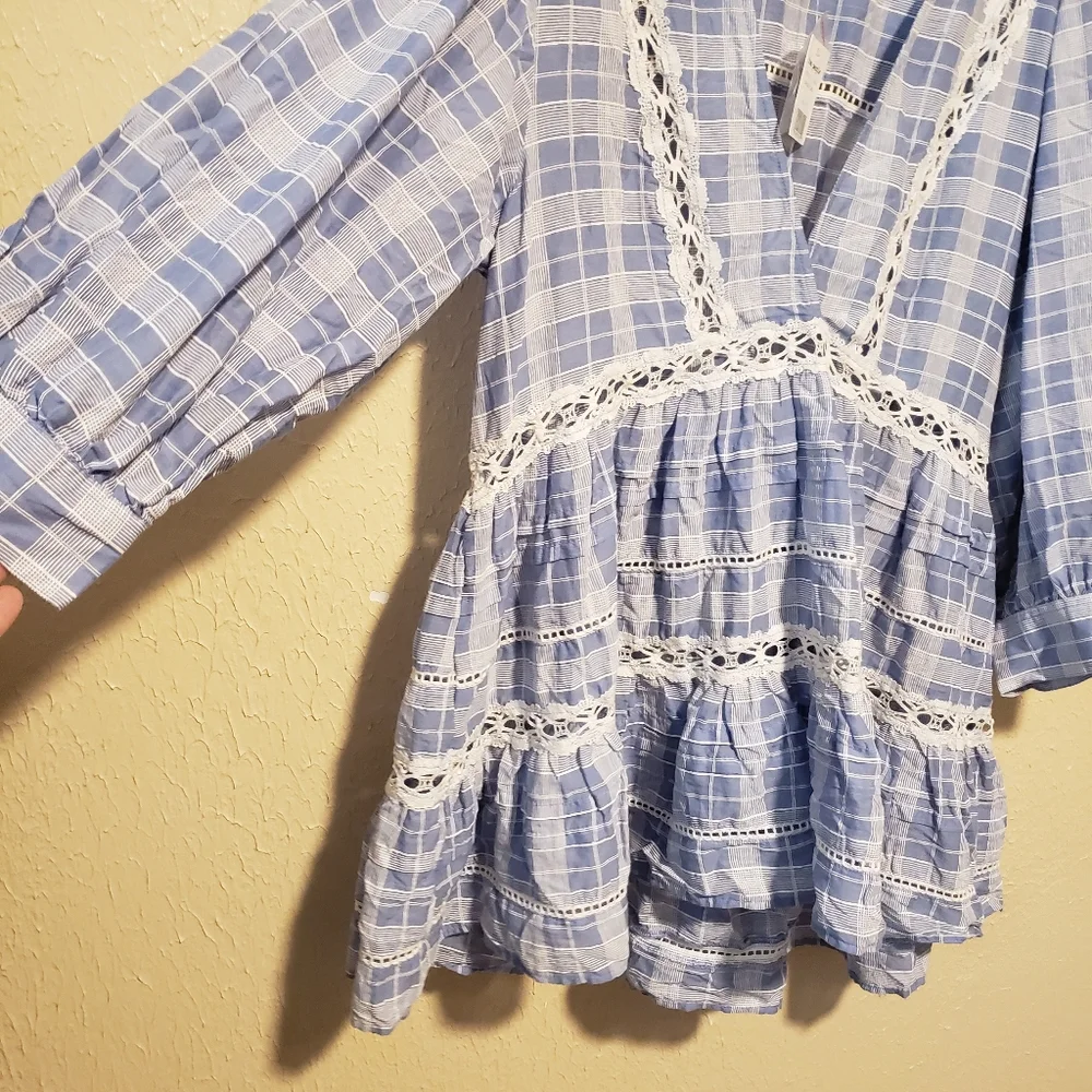 Free People Women's Blue Chambray Time Out Eyelet‎ 3/4 Sleeves Tunic Size XS